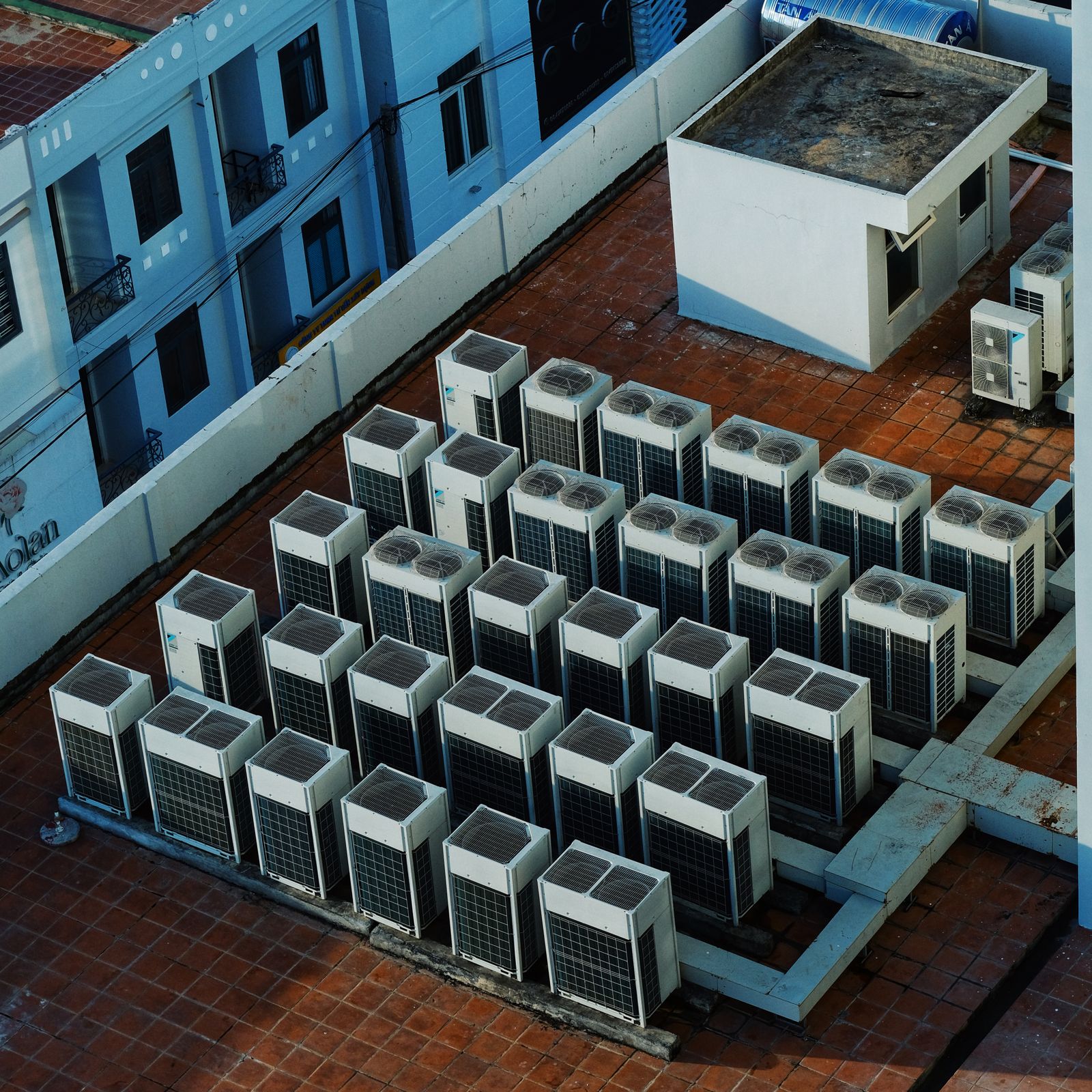 Rooftop cooling units on a commercial building